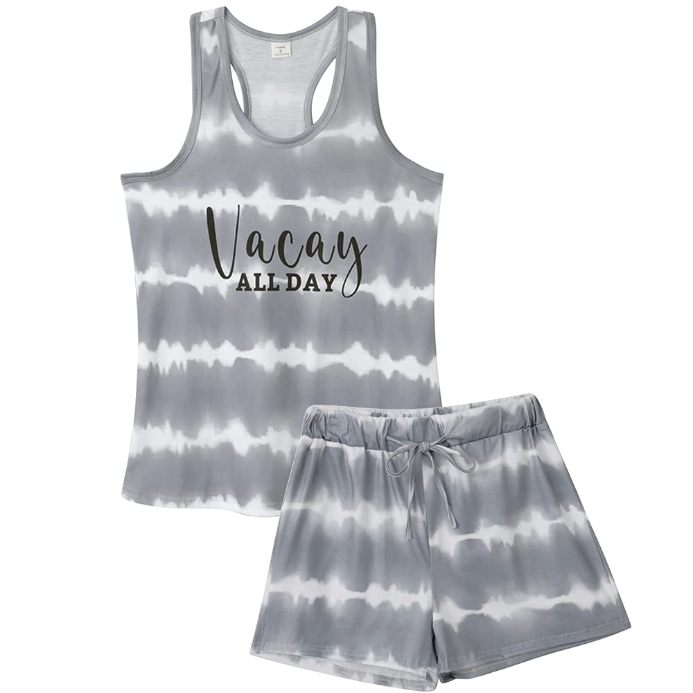 VENTELAN Women Pajamas Cute Tank and Shorts Set Soft PJS Sleepwear Loungewear Tie-dye Striped Grey Large
