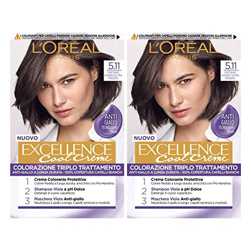 L'Oréal Paris Excellence Cool Creme Coloración Permanente Triple Tratamiento Tecnología Antiamarilleo Acción Protectora Color Iluminador 5.11 Ultra Cool Castaño Claro - 2 Envases