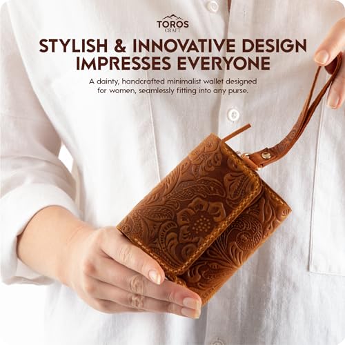 Toros Craft Handmade Leather Wallets for Women, Western Wristlet Wallets, Floral Leather Small Credit Card Holder with Zipper, Minimalist & Cute Coin Pouch, Genuine Leather, Camel2