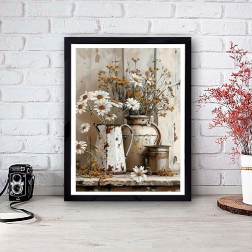 Image of Retro Daisy Stamped Cross Stitch Kits for Adults - Flower Embroidery Kits for Beginners Adults,11 CT Patterns Dimensions Counted Cross Stitch Kits for Adults Arts Craft 12x16 inch