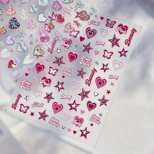 Image of 5D Embossed Pink Star Nail Stickers - Y2K Design Self-Adhesive Heart Nail Decals, DIY Cool Manicure Decoration Accessories for Women (1 Sheet)