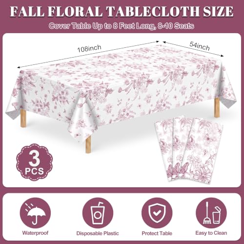 Image of 3 Pcs Burgundy Floral Plastic Tablecloths, 54 X 108Inch Fall Party Tablecloth Disposable Table Cloth Burgundy and White Porcelain Tables Decor for Autumn Dinner Harvest Wedding Birthday Picnic