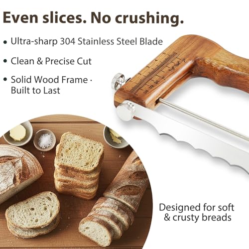 Jawanfu Adjustable Bread Slicer for Sourdough — Precision Homemade Bread Knife with Thickness Guide, Sharp Stainless Serrated Blade, Wooden Frame, Bread Cutter for Bagels, Baguettes, Gift for Bakers - Thumbnail 4