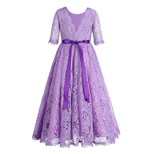 Flower Girls Lace Back Dress for Kids Wedding Bridesmaid Party Formal Gown Princess Pageant Birthday Long Tulle Dresses