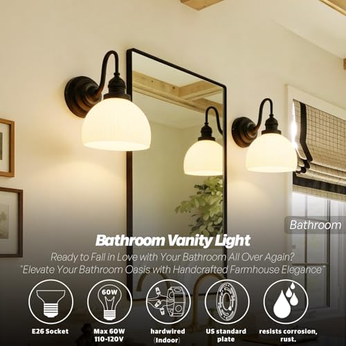 Image of Black Wall Sconce Vintage Milk Glass Bathroom Vanity Light | Bathroom Light Fixtures,Matte Black,Thick Half-Round Glass Shade,Hardwired Only,E26 Base,for Bathroom Mirror Hallway