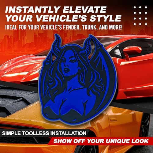 Image of Succubus Emblem, Devil Girl Demon Goddess 3D Badge, Dark Gothic Lilith Style Auto, Custom 3D Exterior Automotive Accessories, Universal Fit for Car, Truck, SUV (Set of 2) (Blue)