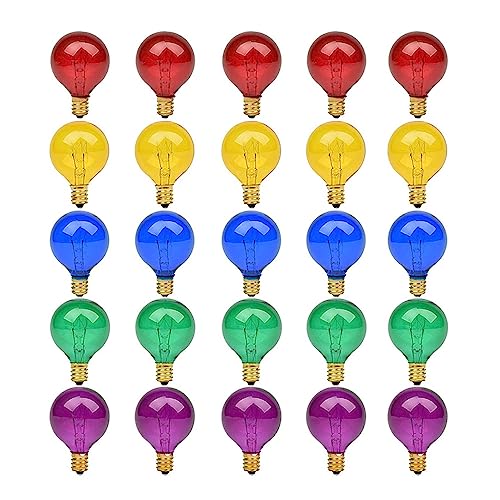 DIPPCO 25Pcs G40 Colored Replacement Lamp Bulb E12 7W RGB Multicolor Globe Tungsten String Light Bulbs for Patio Wedding Christmas Decoration,E12 110V