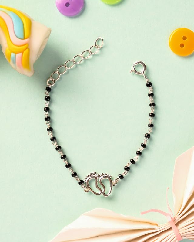 Image of Clara 925 Sterling Silver Baby Nazariya Kids Footprint Bracelet With Black Beads | New Born to 1 Year | Length 5 inch, Adjustable | Gift For Baby Boys and Girls