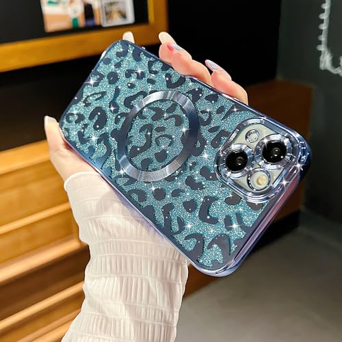 Coque magnétique iPhone 14 antichoc à paillettes léopard bleu - 4