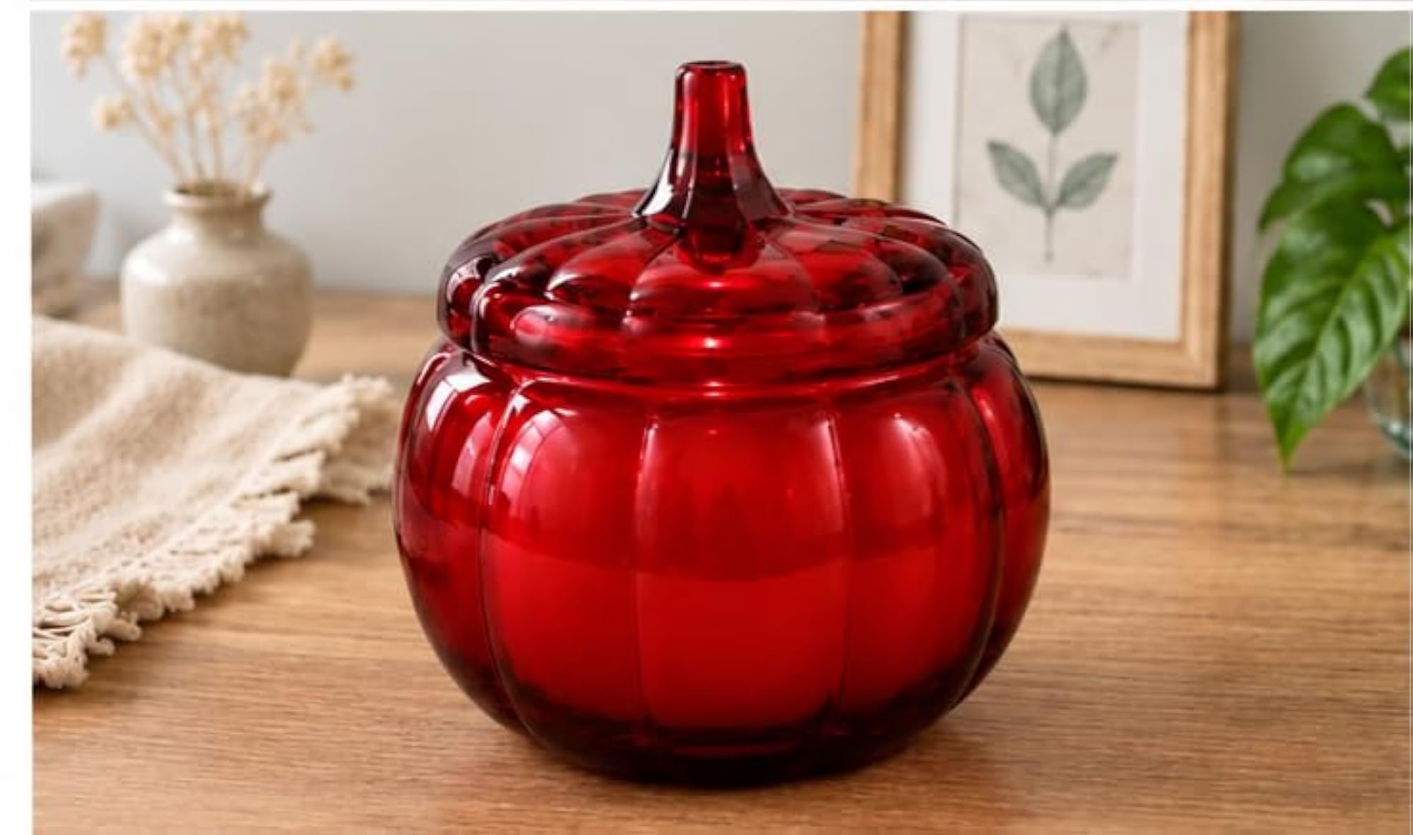 Red Pumpkin Shape Glass Candle Jar with Lid, Decor