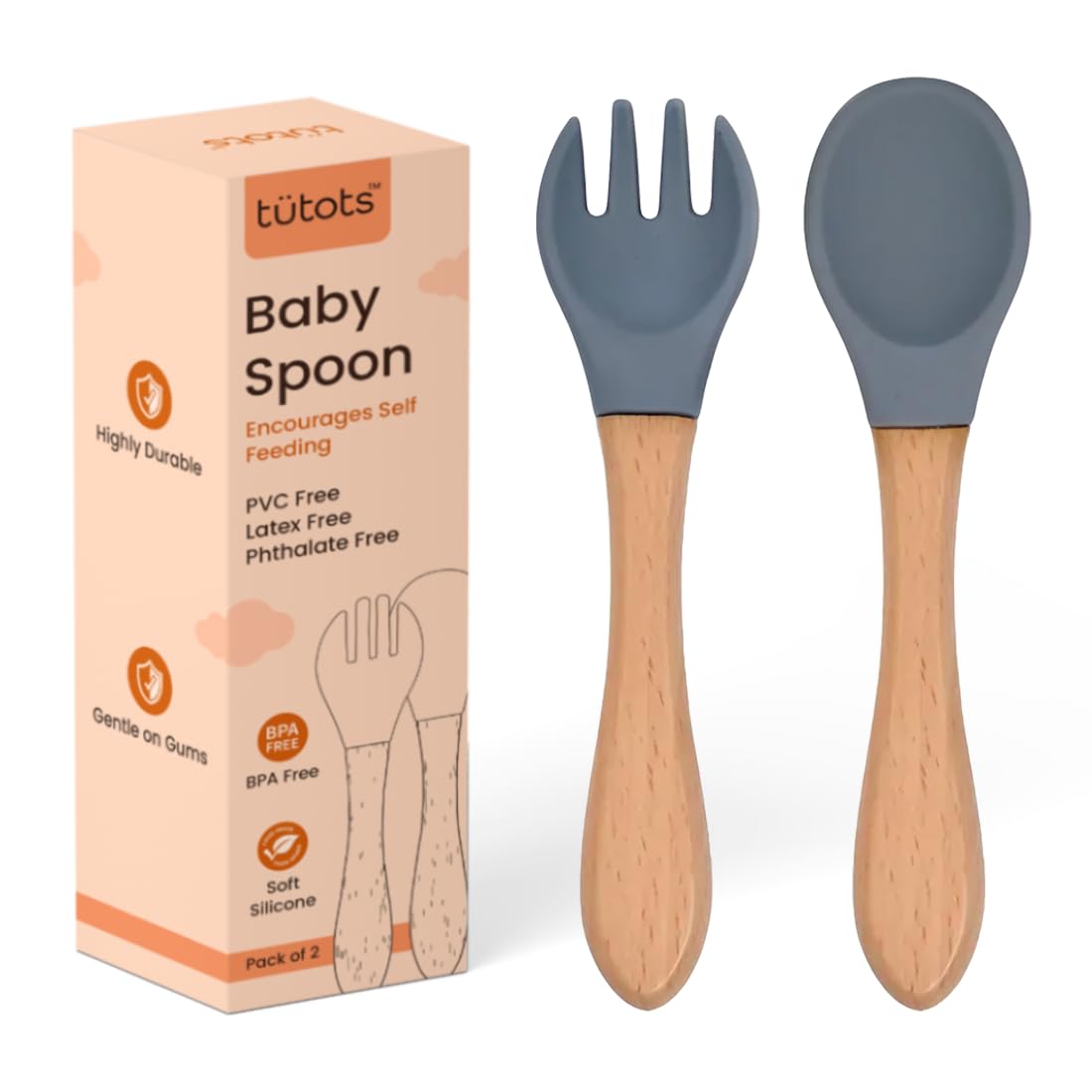 tütots Baby Spoon and Fork Set, Soft Silicone, Wooden Handle, BPA Free, Pack of 2 (Green Grey)-image-29