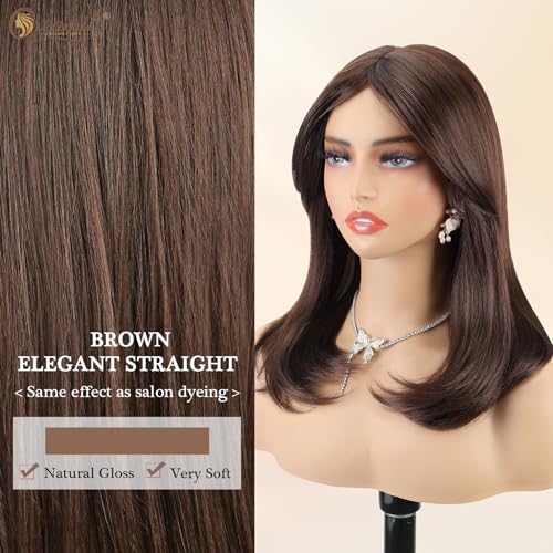 Image of Creamily Chestnut Brown 16 Inch Medium Length Wig For Women Full Head,Synthetic Straight Short Hair Wig For Woman,Natural Looking Women Wigs For Diwali /Daily /Party