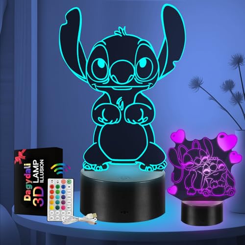 2 Stück Stitch Lampe Stitch Geschenke für Mädchen 3D LED Illusion 16 Farben Stitch Nachtlicht USB Smart Touch Fernbedienung Tischlampe Stitch Licht für Kinderzimmer Dekoration Urlaub Geschenke