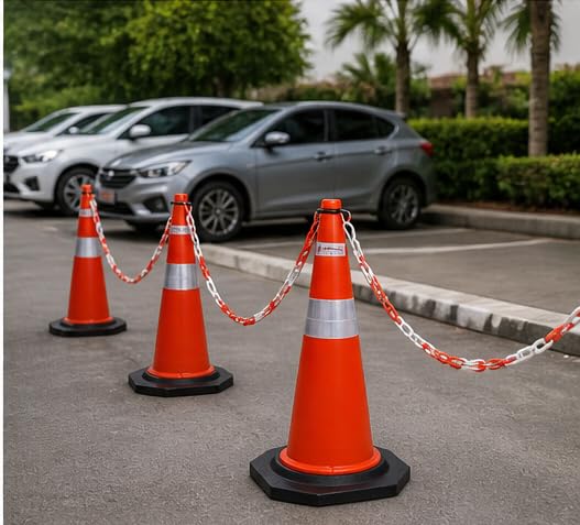 Image of K T I Traffic Cone 750 MM Height having Reflective Collar With 2 Meter Red And White Chain For Parking, Construction, Industries, Hospitals, Malls Etc Pack Of 2
