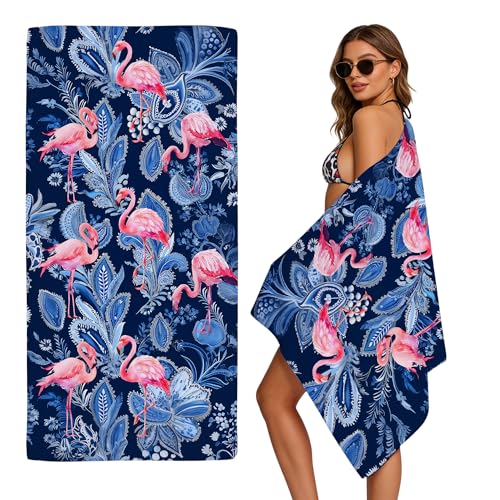 TiLegen Microfiber Blue Flamingo Beach Towel Oversized 71x35 Inch Sand Free Quick Dry Lightweight Beach Pool Camping Cruise Travel Essentials for Adults Kids