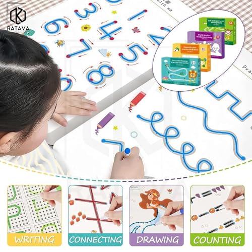 Image of Reusable Magic Tracing Workbook for Kids (Ages 3-8) |Practice Letters, Numbers, Shapes & Lines with Disappearing Ink |Preschool Handwriting & Pen Control Learning Book(64 Page,1 Eraser, 8 Pen)