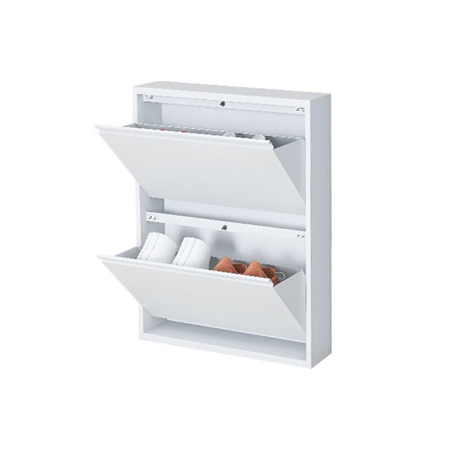 Zapatero moderno de pared blanco: estructura metálica de diseño minimalista y compacto