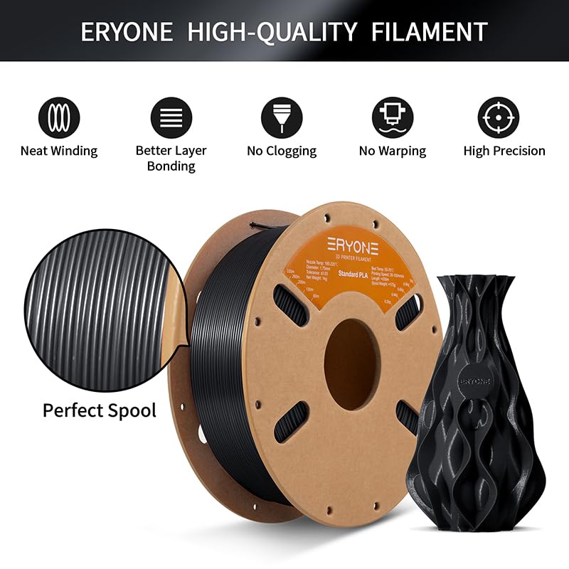 Image of ERYONE PLA Filament 3D Printer PLA Filament 1.75mm + /- 0.03mm, PLA Filament 1KG Cardboard Spool(2.2LBS), Jet Black