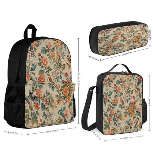3-in-1 Backpack Combination Set Bird Floral Print 3Pcs Backpack Sets Travel Daypack with Lunch Bag And Cosmetic Bag2