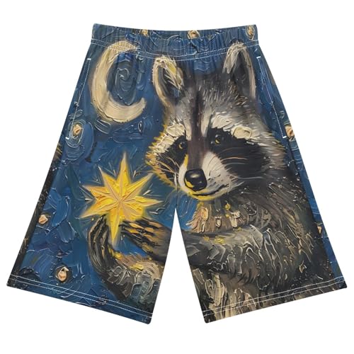 ALAZA Raccoon Holding A Glowing Star Painting Boys Athletic Shorts Kids with Pockets Shorts for boy Girl Size 6-8 Years Multicolor