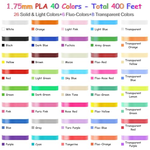 Image of 40 Colors 3D Pen Filament Refills 1.75mm PLA Threads Each Color 10 Feet Total 400 Feet with 2 Finger Cap Compatible with SCRIB3D and Compatible with MYNT3D 3D Pencil (3D Pen Not Included)
