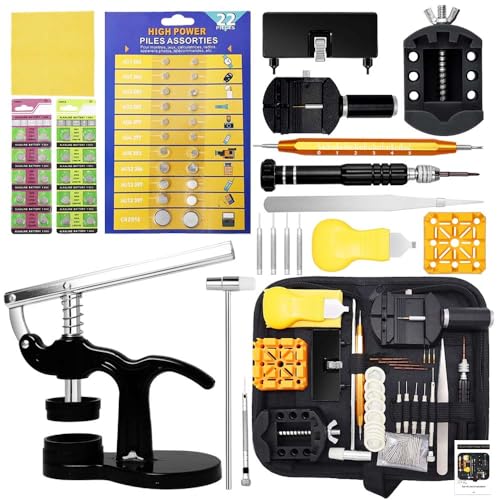 GLDCAPA Kit de Reparación de Relojes, Kit Profesional de Sustitución de Pilas de Reloj con Maletín de Transporte, Herramienta de Extracción de Eslabones, Juego de Prensa de Reloj con 42 Pilas de Reloj