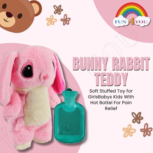 Image of Fun4you Cute Bunny Hot Water Bottle 30cm (Pink) | Period Cramps Relief Soft Stuffed Plush Teddy Bear Cover | Reusable Warm Bag for Back, Neck & Abdominal Comfort
