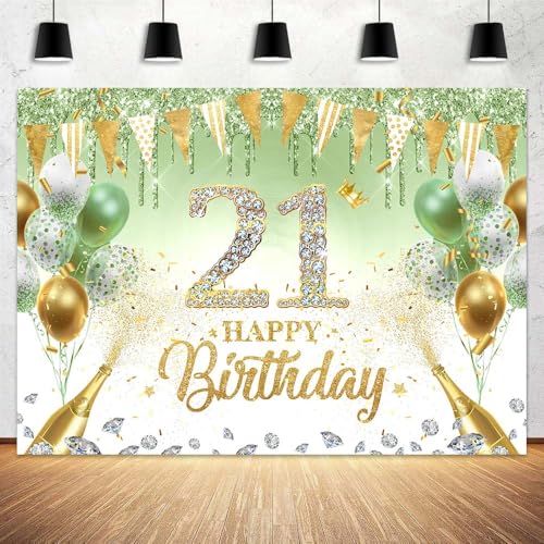 Image of 21st Birthday Decorations Banner for her - 71 x 43 Inch Sage Green Birthday Backdrop for Girls Women Photography Supplies Balloons Background Happy 21st Party Yard Sign Banner Photo Booth Props