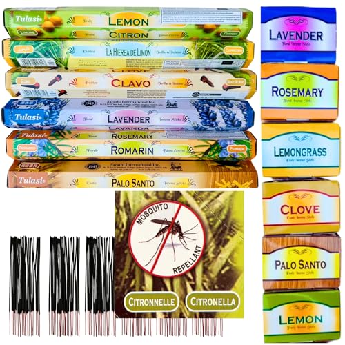 120 Inciensos REPELENTES ANTIMOSQUITOS - Ambientador Natural – Pack Temático: Ahuyenta Mosquitos, Moscas, Avispas, Bichos Voladores (Limón, Rosmarino, Lavanda, Clavo, Citronela y Palo Santo)