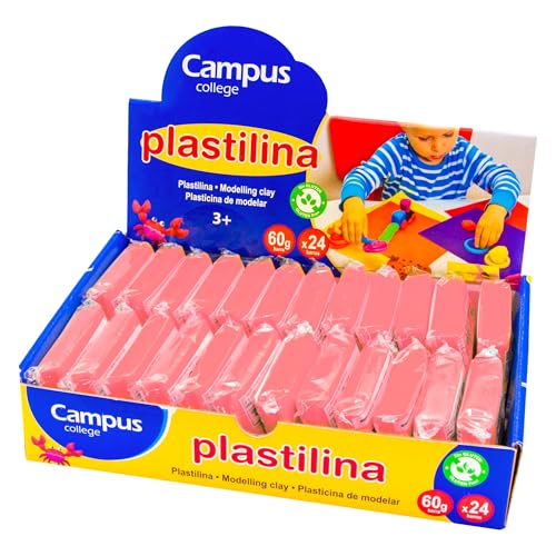 Campus – Plastilina de Colores para Modelar, 24 Barras de Plastilina Sin Gluten, Kit de Plastilina Escolar Para Manualidades, Estuche con 24 Pastillas de Plasticina (60g - Rosa)