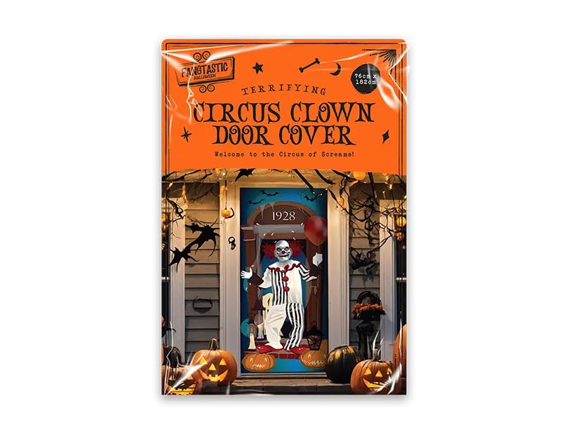 Circus Clown Halloween Plastic Door Cover 182cm x 76cm – Scary Clown Outdoor & Indoor Halloween Decoration