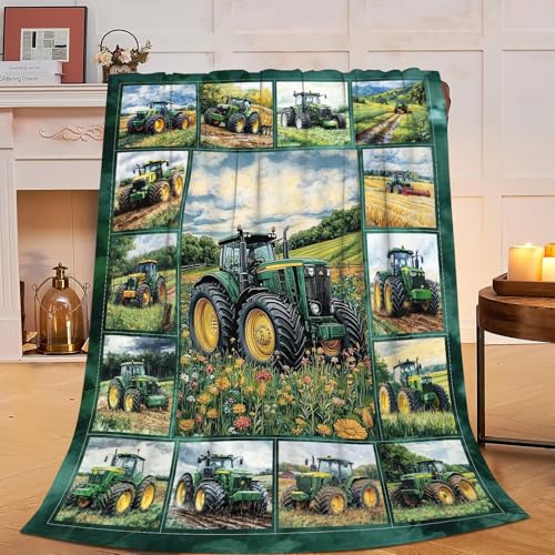 UIAMT Green Tractor Blanket Tractor Farming Flannel Plush Throw Blanket Cozy Countryside Farm Decor Fleece Stuff Blanket Gifts for Lover Girls Boys Kids Adults Women Bed Travel 40x50