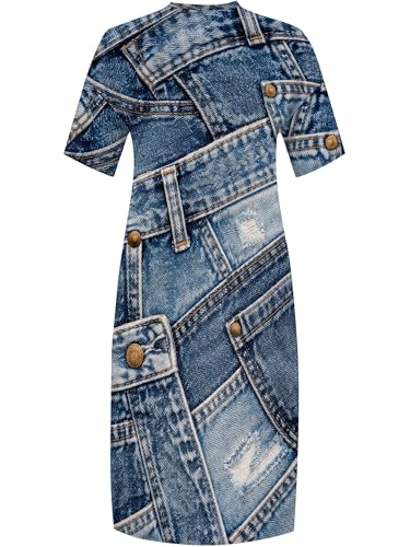 Image of SUZONANA Plus Size Denim Print Maxi Dresses for Women Casual V Neck Short Sleeve with Pockets Soft Jean Look Dress XL-6XL