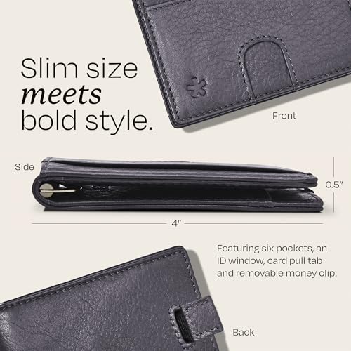 Image of Swear Brands Full Grain Leather Wallet with RFID Blocking & Money Clip - Minimalist Bifold Wallet Holds 12 Cards - Easy Access Pull Tab - Ethically Sourced (Grey)