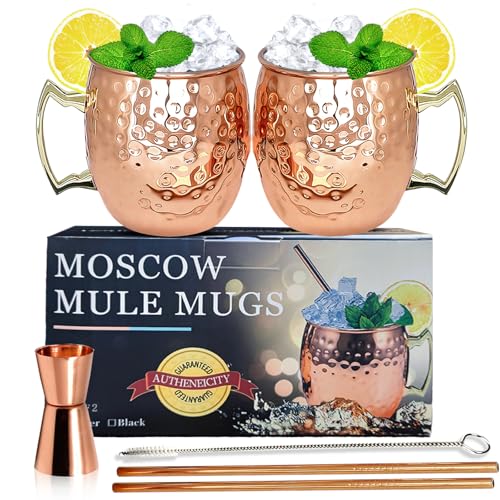 Moscow Mule Copper Mugs - Stainless Steel & Copper Cups Set of 2 - 18 Ounce Food Safe Hammered Mugs Perfect for Cold Drink