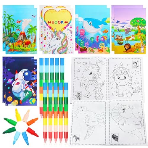 Juego de libros para colorear para niños, 10 minilibros para colorear, 10 lápices de cera apilables, mini libro para colorear para niños, regalo de cumpleaños, regalo de cumpleaños