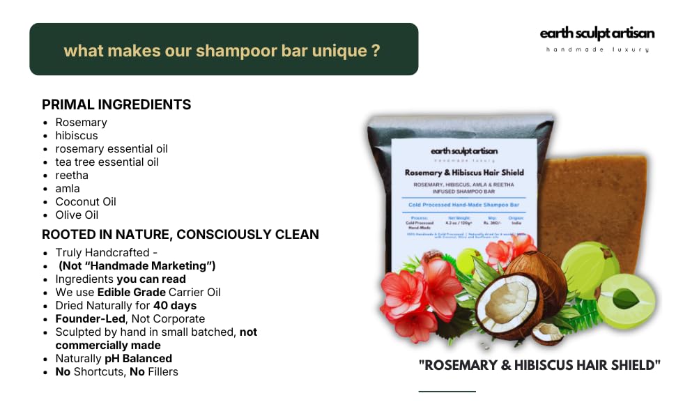 Image of Rosemary & Hibiscus Shampoo Bar for Hairfall & Dandruff Control | Handmade, Cold Processed with Amla, Reetha & Tea Tree Oil | Sulphate & Paraben Free -120g