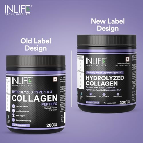 Image of INLIFE Japanese Hydrolyzed Collagen Peptides Powder Clinically Proven Ingredient, Type 1 & 3, for Men & Women (Unflavoured, Collagen, 200g)