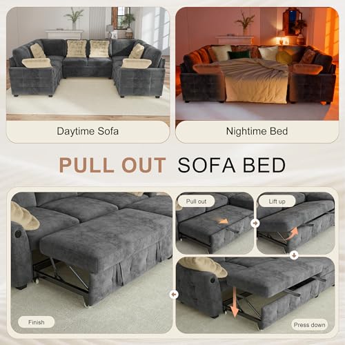 Image of Hanherry Sectional Couch with Pull Out Sofa Bed,Chenille Sleeper Sofa with 2 Seat Storage & USB Charging,Comfy L Shaped Modular Couches for Living Room,Apartment