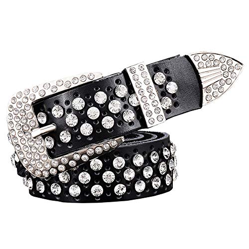 Mokkpeq Shining Cowgirl Cowboy Studded Belts Rhinestone Cowskin Leather Belts with Pin Buckle Strap Belt