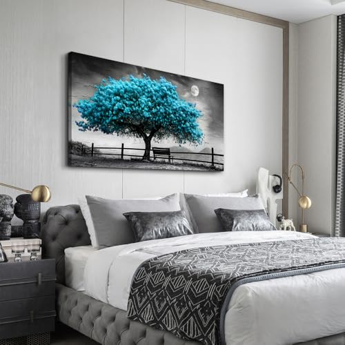 KELIYUAN Blue Tree Of Life Canvas Painting Living Room Office Bedroom Bathroom Wall Decoration Black And White Wall Art Print Modern Natural Tree Art Waterproof Can Be Directly Hung 20x40 In