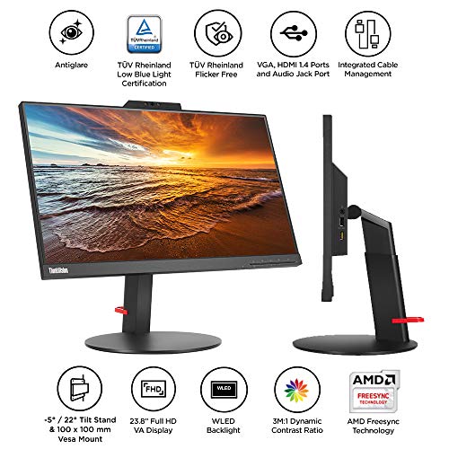 Image of Lenovo ThinkVision T22v-10 21.5 inch LED lit VoIP Monitor - FHD, IPS Panel, Near Edgeless with Full range connectivity - HDMI, VGA, DP ports, USB Hub, fully functional stand with Camera, Speaker & Mic