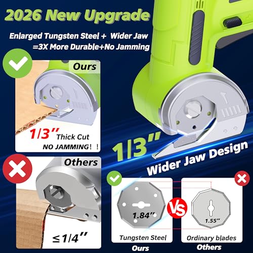 Image of Upgraded Cordless Electric Scissors, Wider Opening with Large 1.84 inchTungsten Blade, 1 /3 inch Max Cutting & LED Display, 320RPM, Heavy-Duty Rotary Cutter for Cardboard, Fabric, Leather & DIY - Green