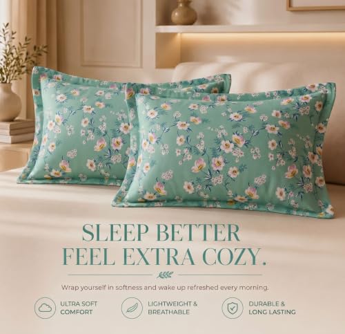 Image of HOMEKART Glace Cotton 160 TC Leaf Printed Double Bedsheet with 2 King Size Pillow Covers | Soft & Durable | 86 x 88Inches (Green & White)