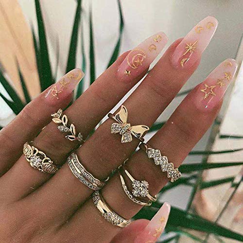 YERTTER 7 PCS Vintage Gold Butterfly Ring Set Rhinestone Crystal Rings Set Leaf Rings Set Joint Knuckle Ring Set Finger Rings Stackable Retro Mid Rings for Women and Girls