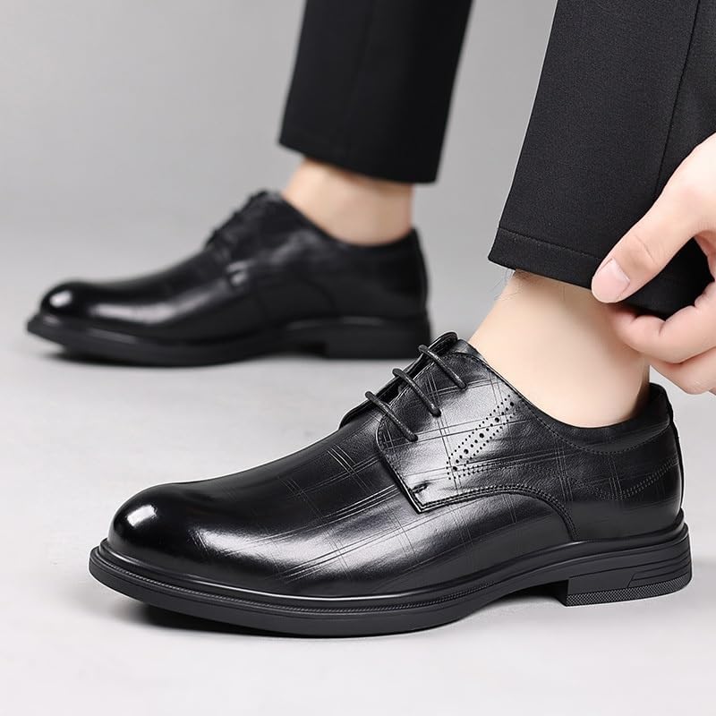 Men's Leather Shoes Business Dress Shoes Formal Shoes Pointed Toe Low Cut Embossed Check Pattern Lightweight Non-Slip Rubber Sole Soft Comfortable