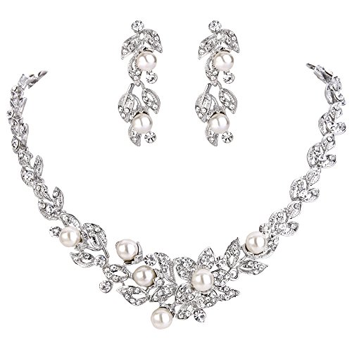 BriLove Wedding Bridal Cream Simulated Pearl Necklace Earrings Jewelry Set for Women Cluster Leaf Vine Hibiscus Flower Crystal Collar Necklace Dangle Earrings Set Clear Silver-Tone