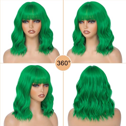Image of AGO Green Bangs Wig Pastel Bob Wig Shoulder Length Loose Wave Synthetic Hair for Women Girl Synthetic Heat Resistant Fiber for Daily Party Halloween Cosplay Use(G43#Green)