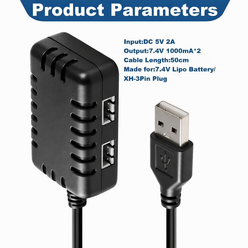 Cable Cargador 2S 7.4V 1A USB 1 a 2 para SCX24 RC, Cargador LiPo con Conector XH-3PIN, Cable Balanceador Carga Rápida y Segura para Barco Axial SCX10 Coche RC Drone Quadcopter — view 3