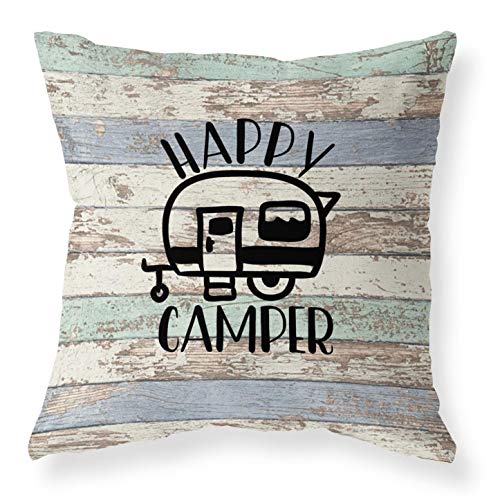 Joyceoo Outdoor Camping Travel Style Throwing Pillow Covers- Pillow Covers Cotton Linen - Woodgrain Camping Happy Camper-18" X 18" Set Of 4 #TOP2